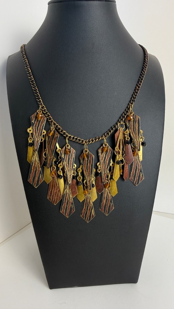 Vintage Boho Statement Necklace | Geometric Dangle Bib Antiqued Brass Tone