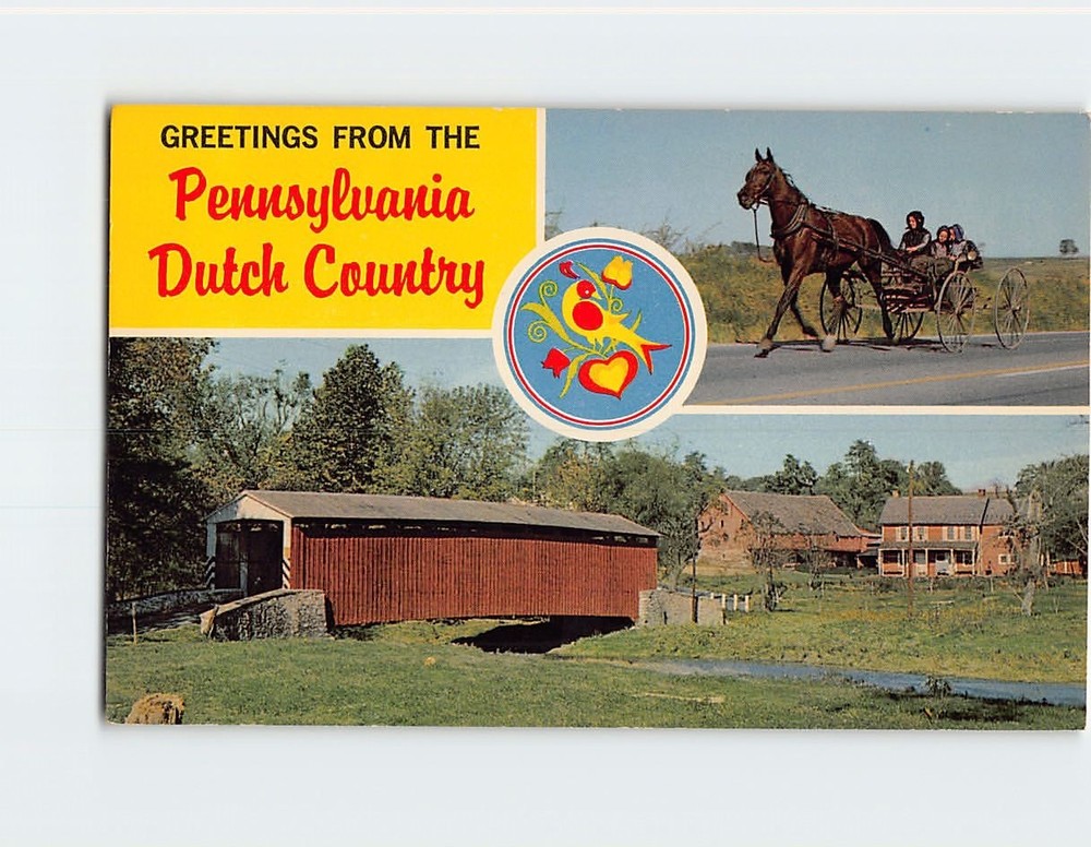 Postcard Amish Mother Old Covered Wooden Bridge Pennsylvania Dutch Country USA