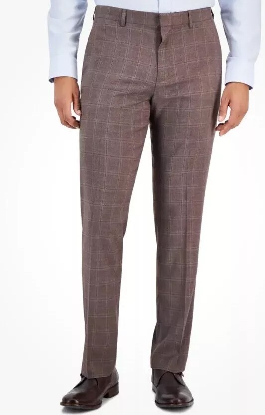 New Mens Perry Ellis Portfolio Modern Fit Brown Windowpane Dress Pants 32 x 30