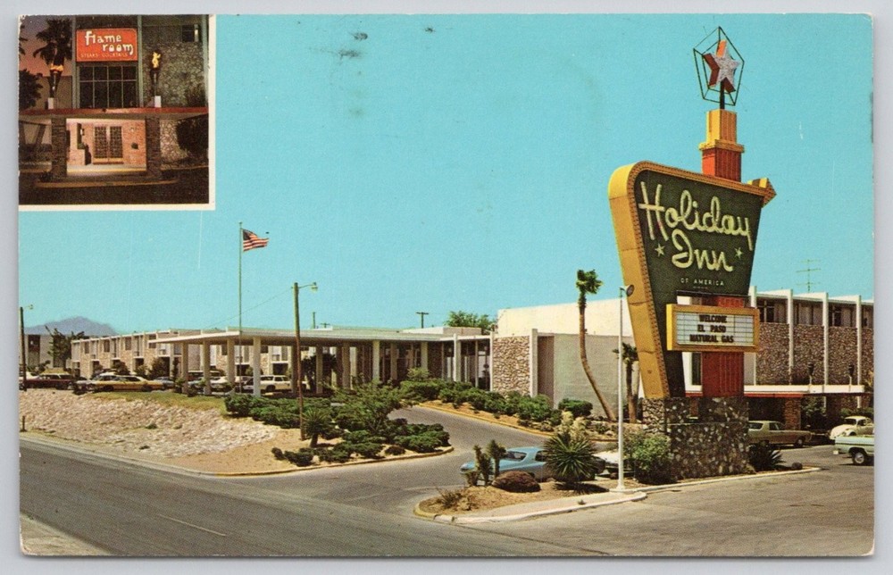 Vintage 1969 Holiday Inn El Paso Airport TX Chrome Postcard Flame Room