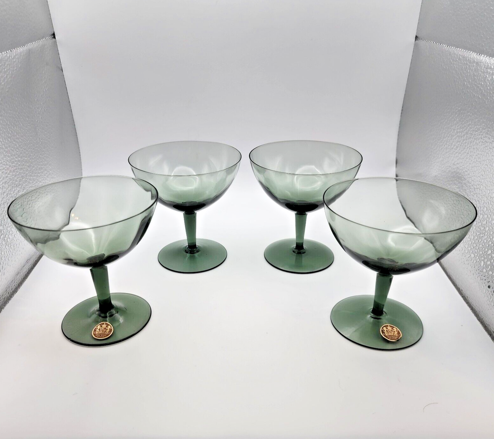 Smokey Gray Blue Belgian Champagne Coupe Glasses Set of 4 Tall Sherbet