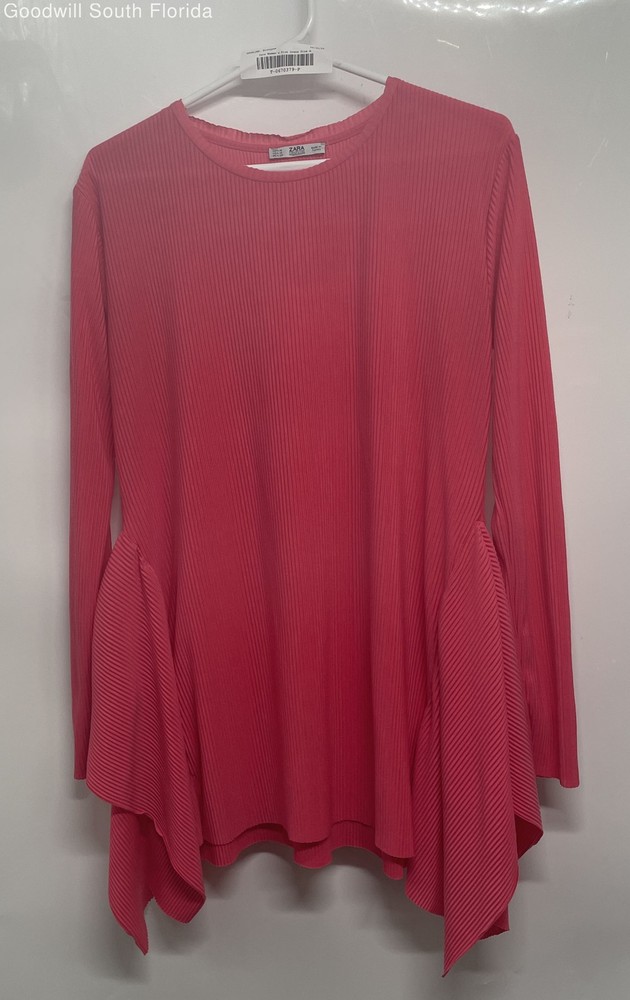 Zara Womens Pink Long Sleeve Crew Neck Ribbed Tunic Blouse Top Size Medium