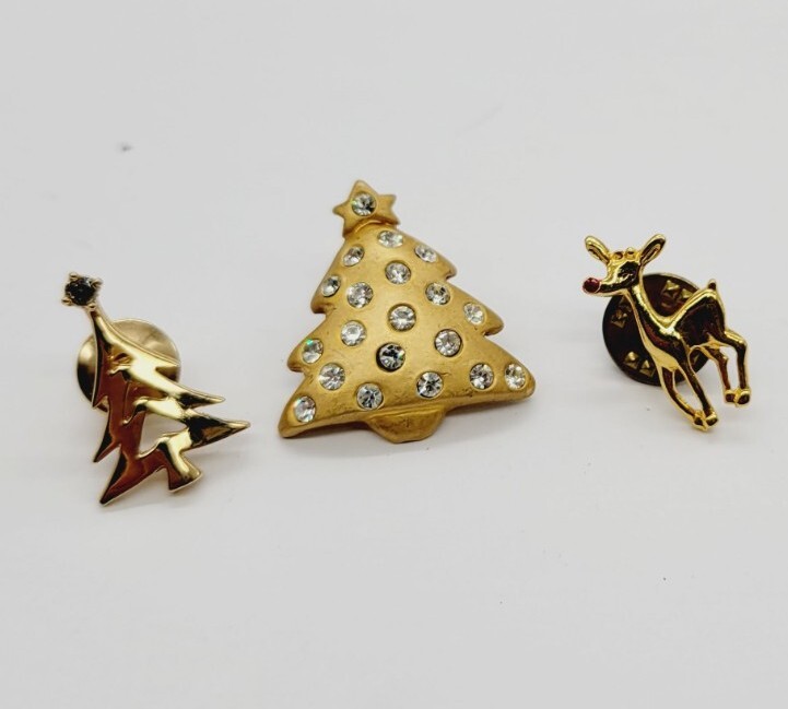 Vintage Christmas Tree Reindeer Lapel Pin Gold tone Crystal Accent 3 pc LOT-image