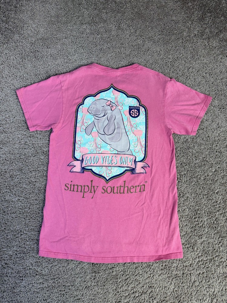 Simply Southern Shirt Womens Small Pink Manatee Good Vibes Only Graphic Tee