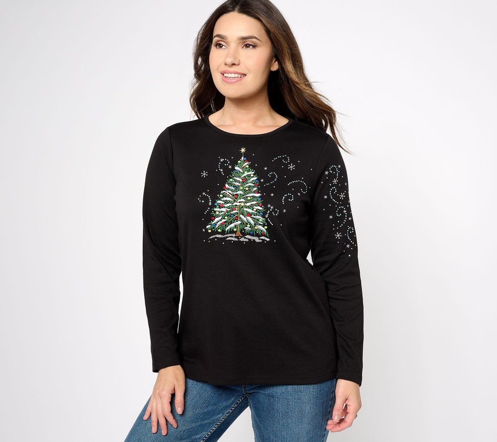 Quacker Factory Women's Top Plus Sz 1X Christmas Long-Sleeve Black A623530