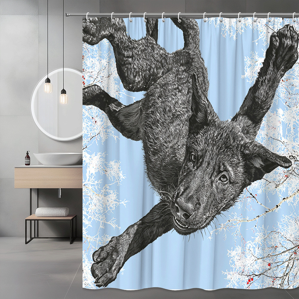 Black Wolf Shower Curtain Blue Sky Winter Tree Print