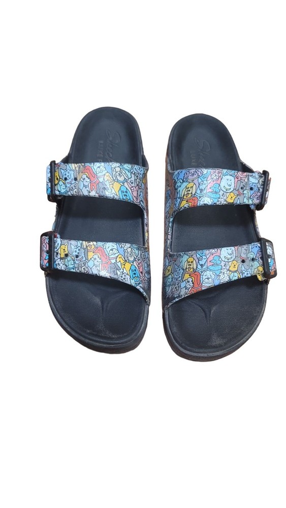BOD SKECHERS DOG PRINT WOOF PARTY SLIP ON WOMEN'S BLACK MULTICOLOR SANDALS