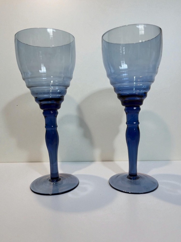Vintage Cobalt Blue Art Deco Style Glass Goblets Set Of 2 Wine Glass
