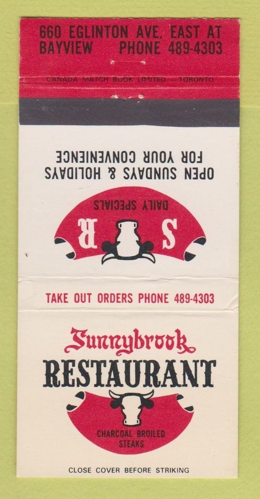 Matchbook Cover - Sunnybrook Restaurant Bayview ON 30 Strike