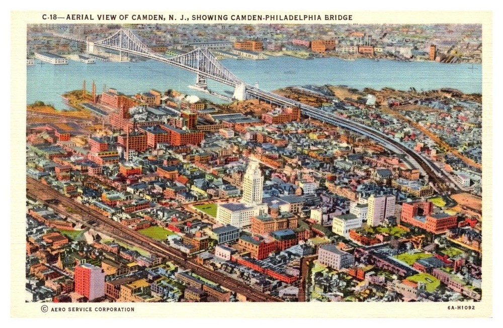 1940s Aerial View River & Downtown Camden New Jersey Vintage Postcard