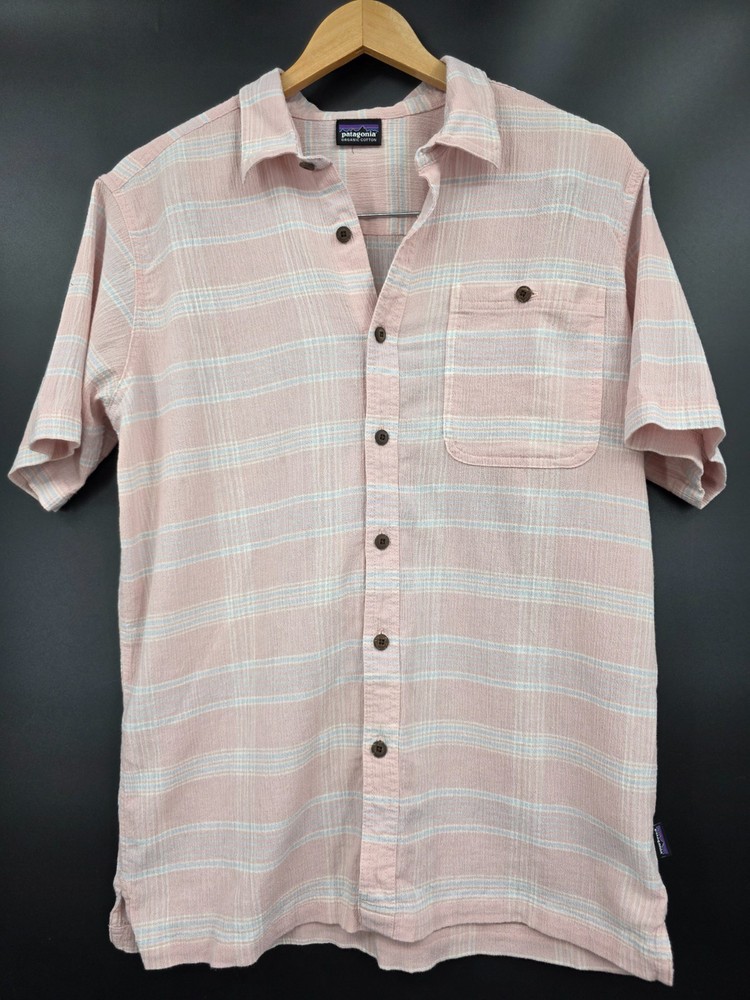 Patagonia Organic Cotton Shirt Mens Large Pink Stripe Short Sleeve Button Down