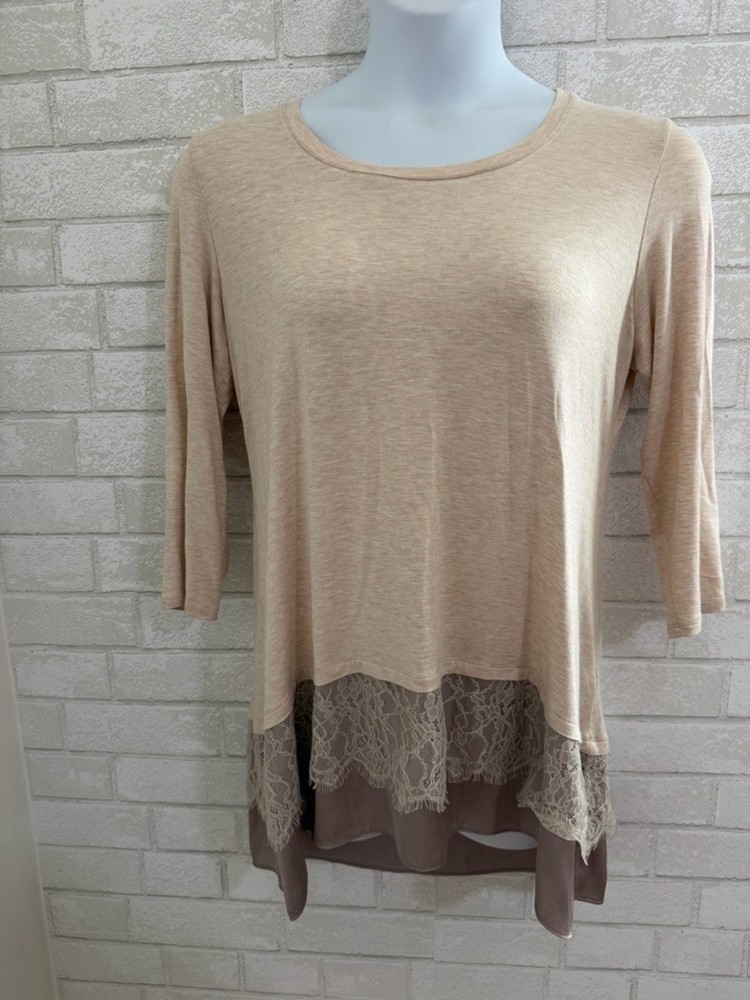 LOGO by Lori Goldstein Layered Lace Trim Tunic top Cream 3/4 sleeve boho M #3078