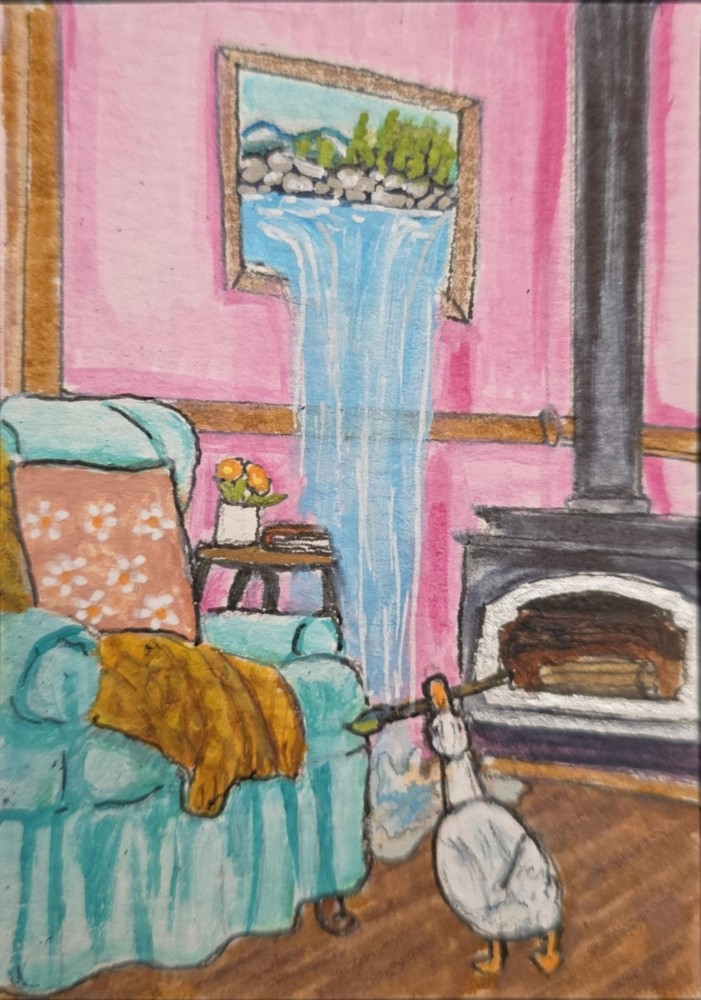 ACEO Original Duck Living Room Fireplace Chair Illustration Drawing Surrealism