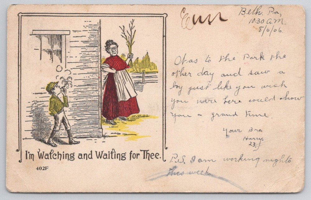 1906 Bethlehem PA Comic Postcard - Boy Smoking, Woman Waiting - 