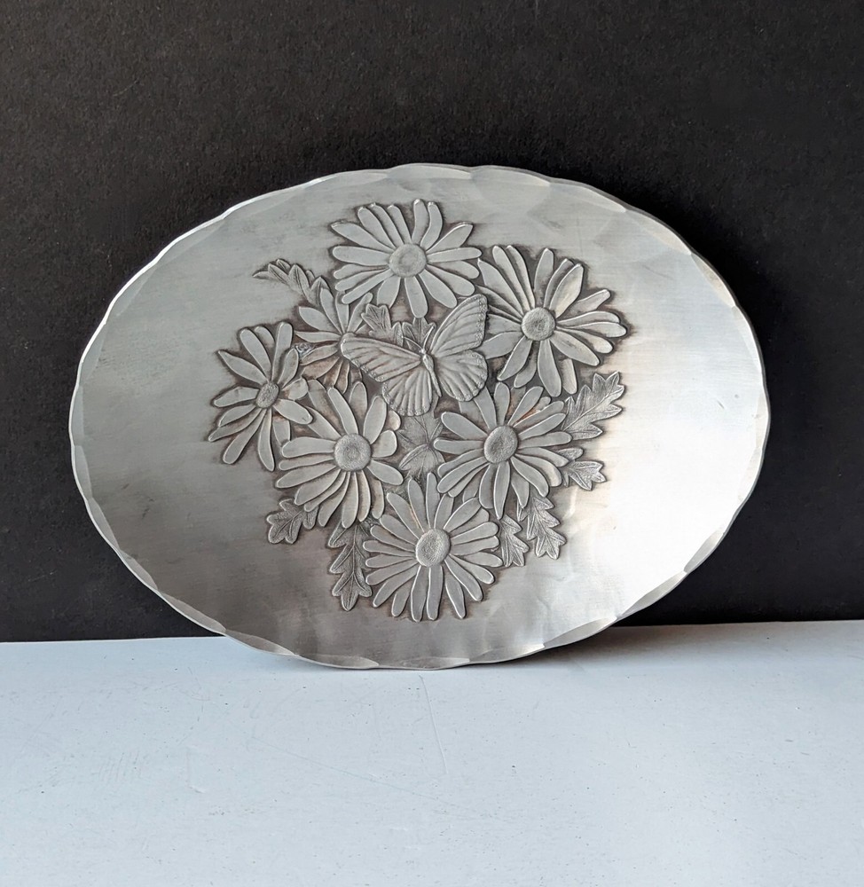 Wendell August Forge Hammered Metal Trinket Oval Dish Daisy Flower Butterfly