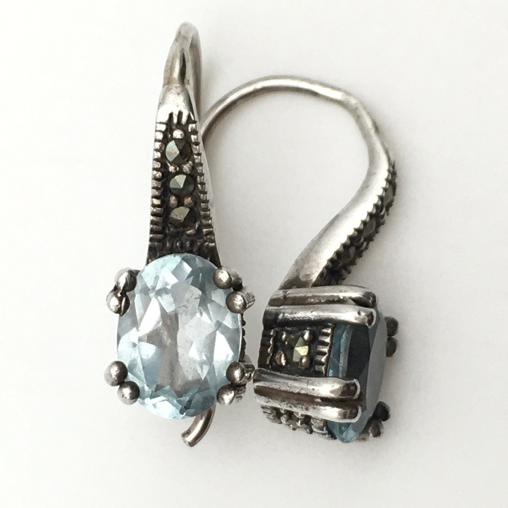 Vintage Sterling Silver Oval Blue Topaz & Marcasite Hook Dangle Earrings 925 #63