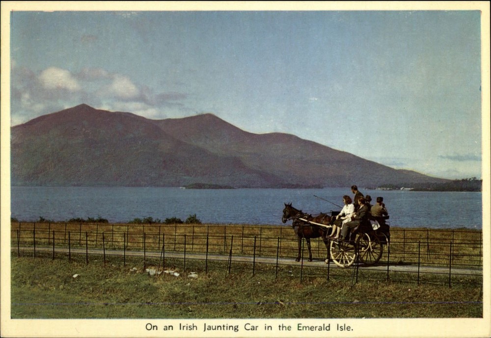Ireland Emerald Isle horse cart jaunting car mountains unused postcard