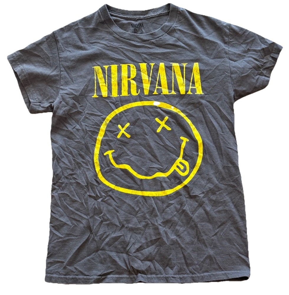 Nirvana Smiley Face Mens Gray Short Sleeve T-Shirt Size Small