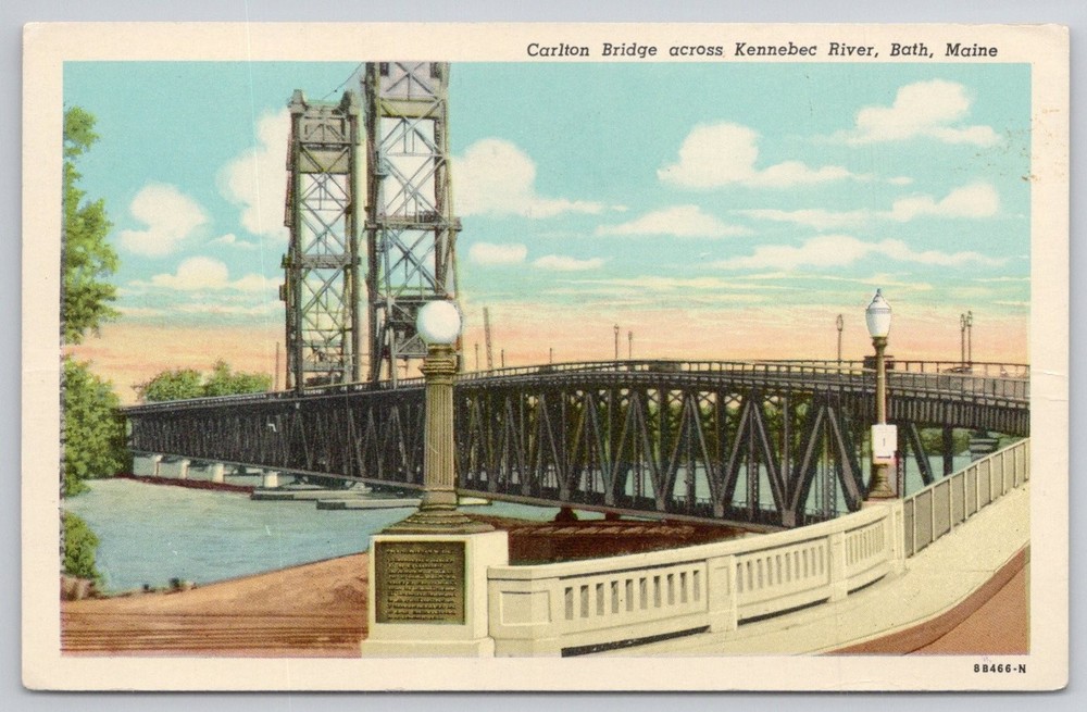 Carlton Bridge Kennebec River Bath Maine Linen Postcard C.T. American Art