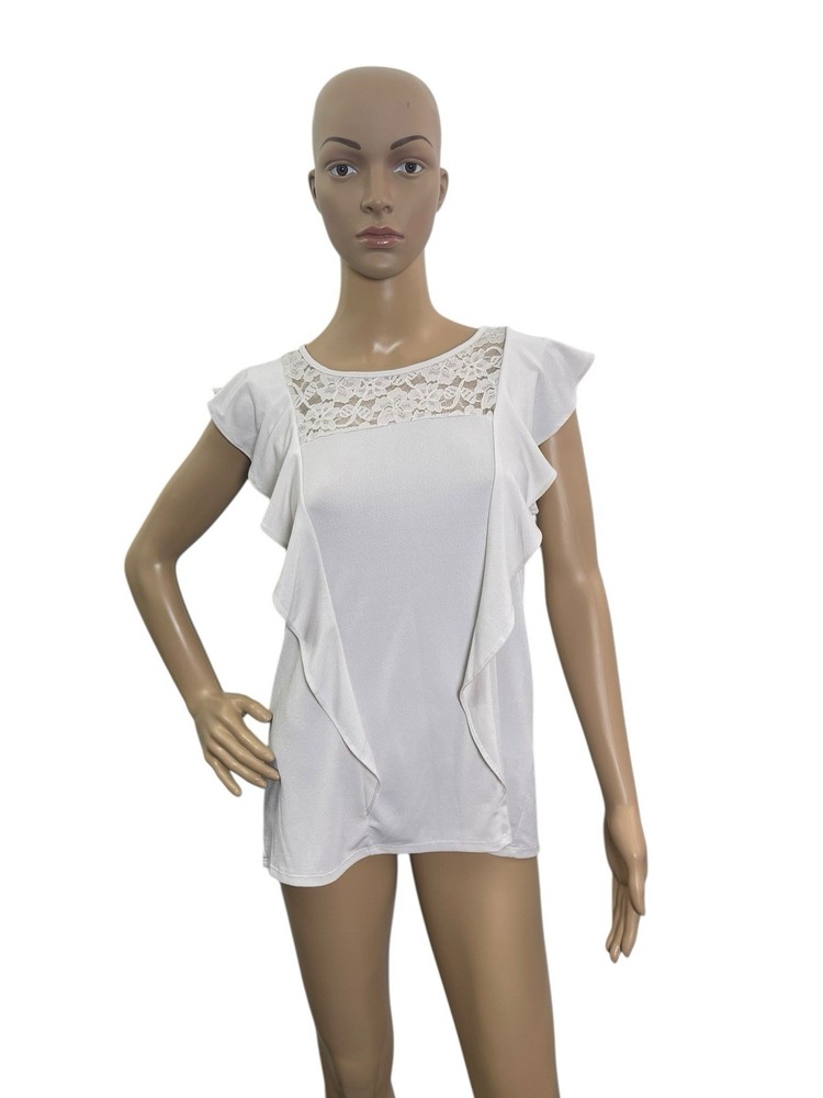 Banana Republic Women’s Size M Short Cap Sleeve Round Neck Ruffle Ivory Blouse