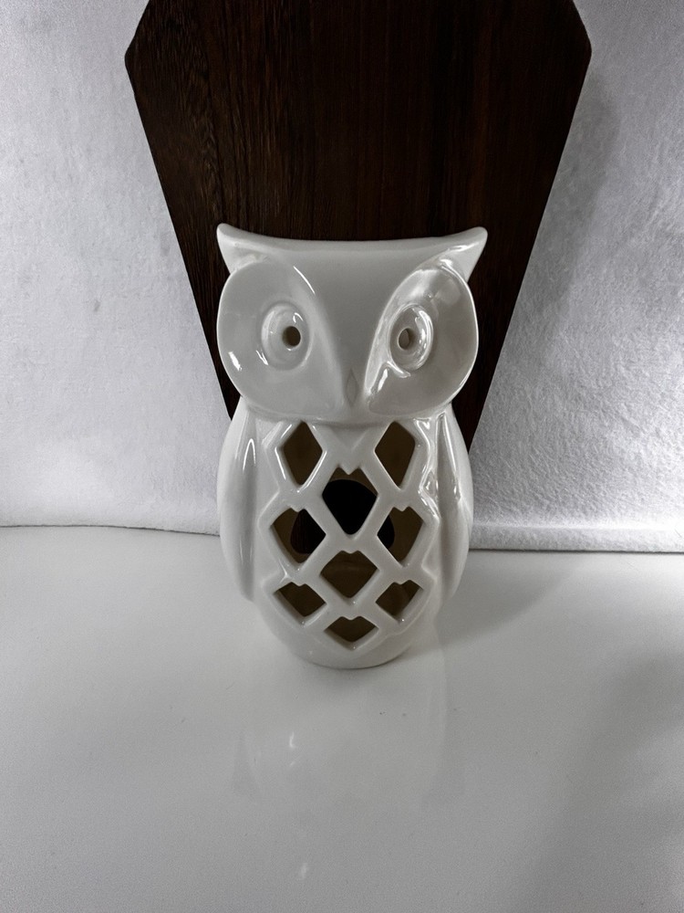 White Ceramic Owl Tealight Candle Holder Lantern 6.5” Cutout Design