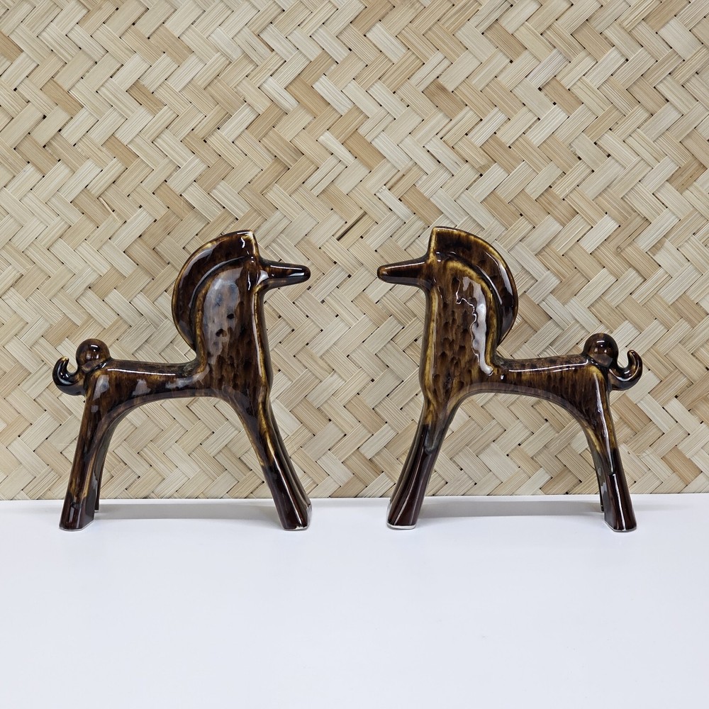 VTG MCM Drip Glaze Ceramic Horse Figurine Shelf Decor Figure Set Of 2 Equestrian