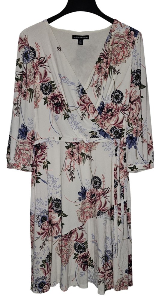 American Living White & Floral 3/4 Sleeve Waist Tie Lined Dress Women's Size 14