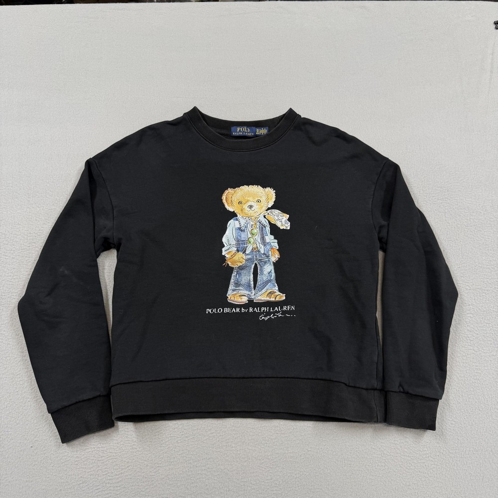 Polo Ralph Lauren Sweatshirt Womens XS Black Polo Bear Crewneck Pullover Fleece
