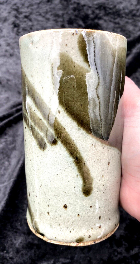 Studio Pottery Stoneware Pillar Vase, Deep Celery and Rich Olive Drip Glaze