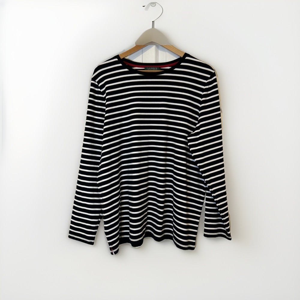 Lauren Ralph Lauren Womens Top XL Stripe Black White Nautical Old Money Preppy