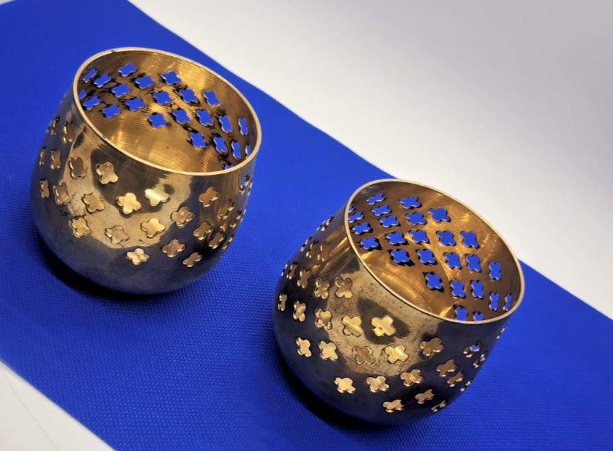Vintage Solid Brass India Pierced Clover Votive Candle Holders Set of 2 Retro