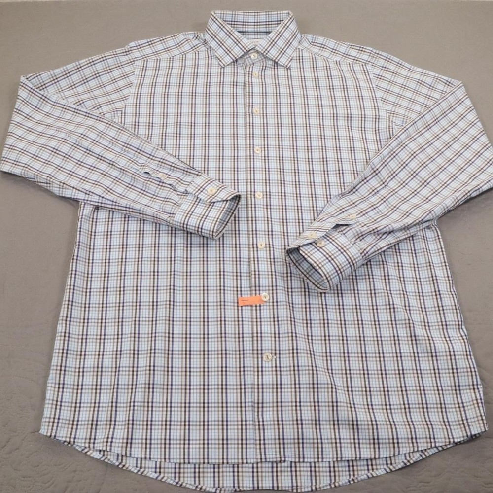 Eton Button Shirt Mens 42 16 1/2 Blue Brown Check Long Sleeve Poplin Cotton