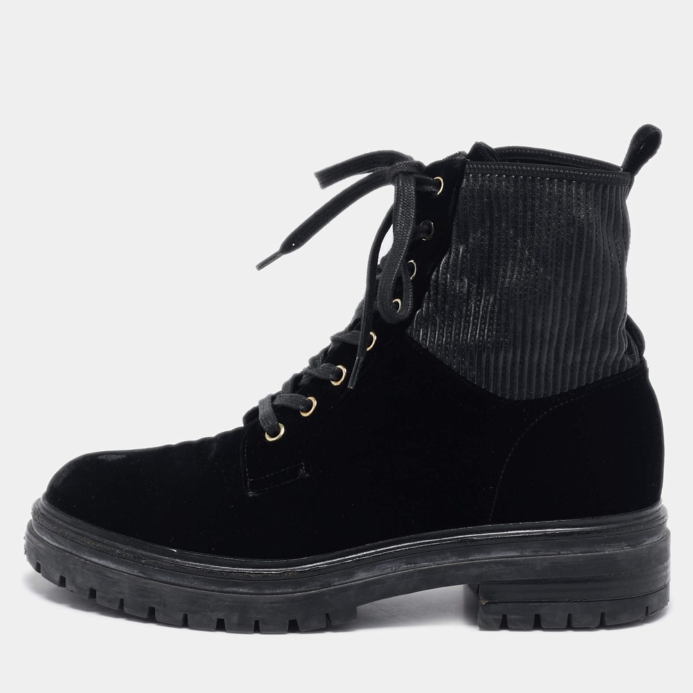 Gianvito Rossi Black Fabric and Velvet Combat Boots Size 40