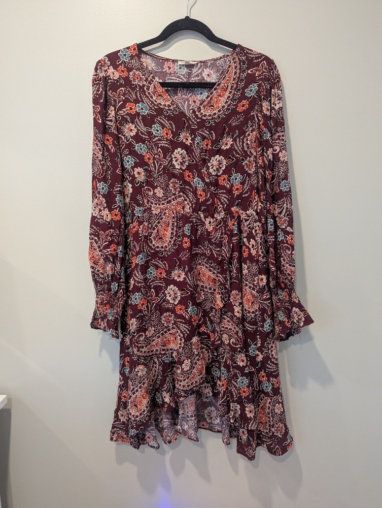 Jodifl Women's Long Sleeve Maroon Paisley Floral Knee Length Dress Size Medium M
