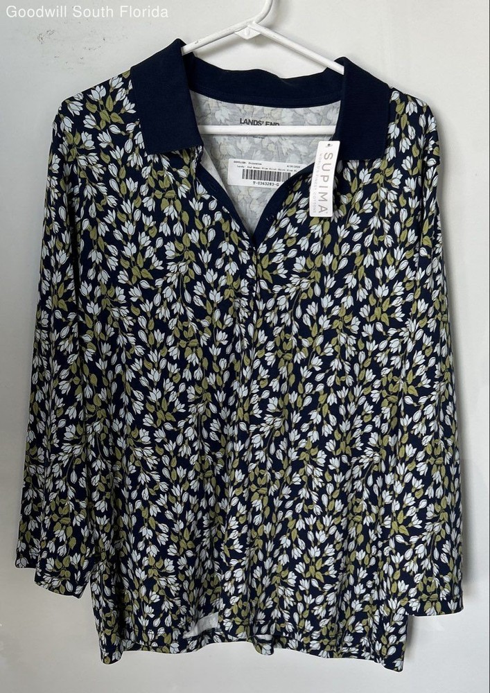 Lands' End Womens Blue Floral Print Cotton Collared Polo Shirt Size XL With Tags