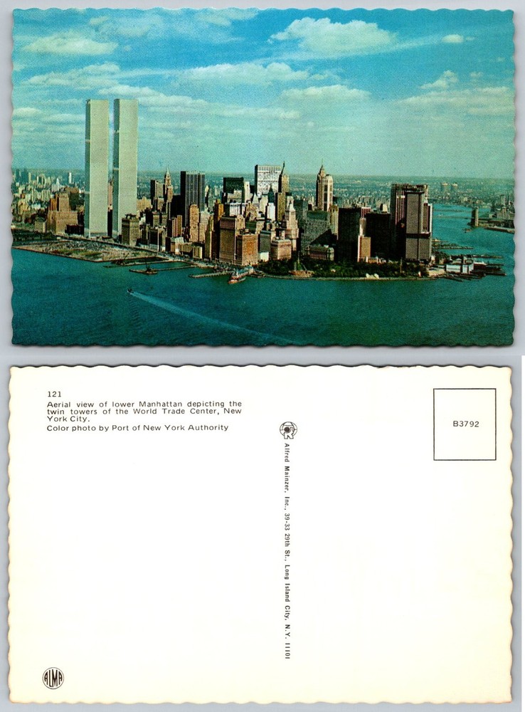 Vintage WTC Twin Towers NYC Postcard Aerial View Lower Manhattan Alfred Mainzer