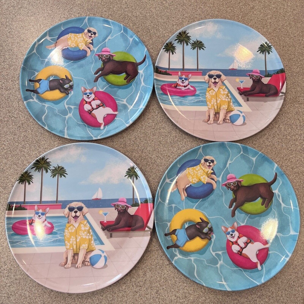 New Puppy Dogs Summer Pool Beach Floats Dog Melamine Dinner Plate Set of 4
