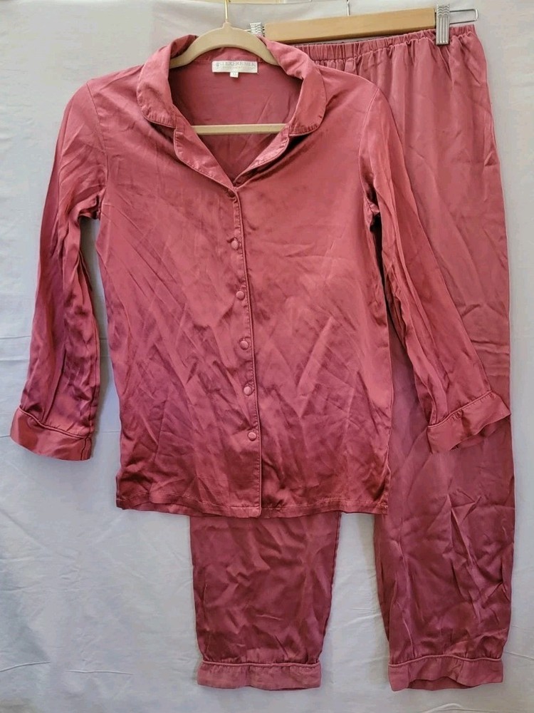 Womens Pink Hand Painted Real Silk Long Pajama Set Sz XS Petites Asian Chinese