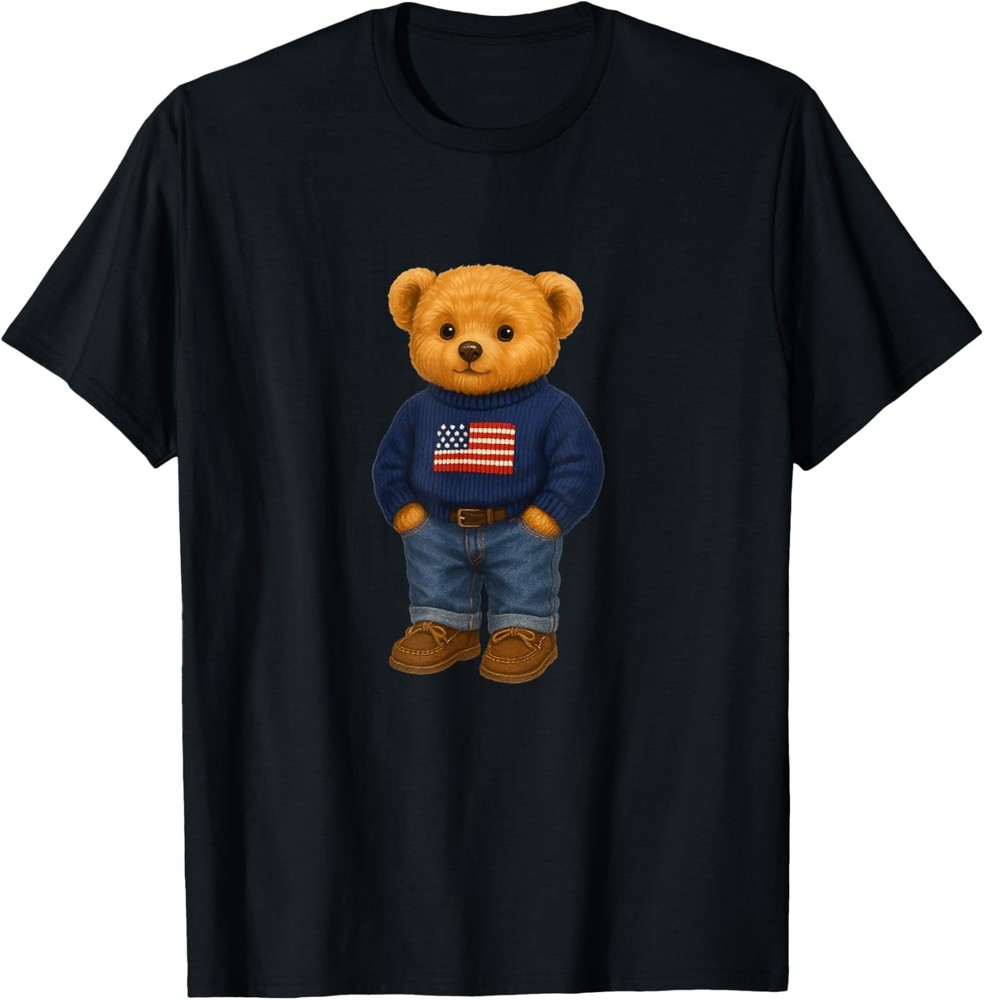 Cool American USA Teddy Bear Illustration Graphic T-Shirt