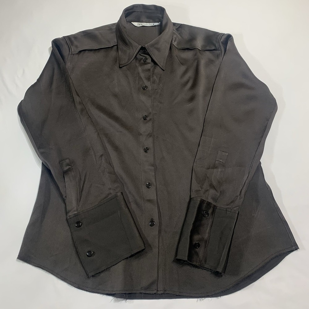 Zara Women’s Brown Satin Button Up Blouse Size Large Long Sleeve Dress Shirt