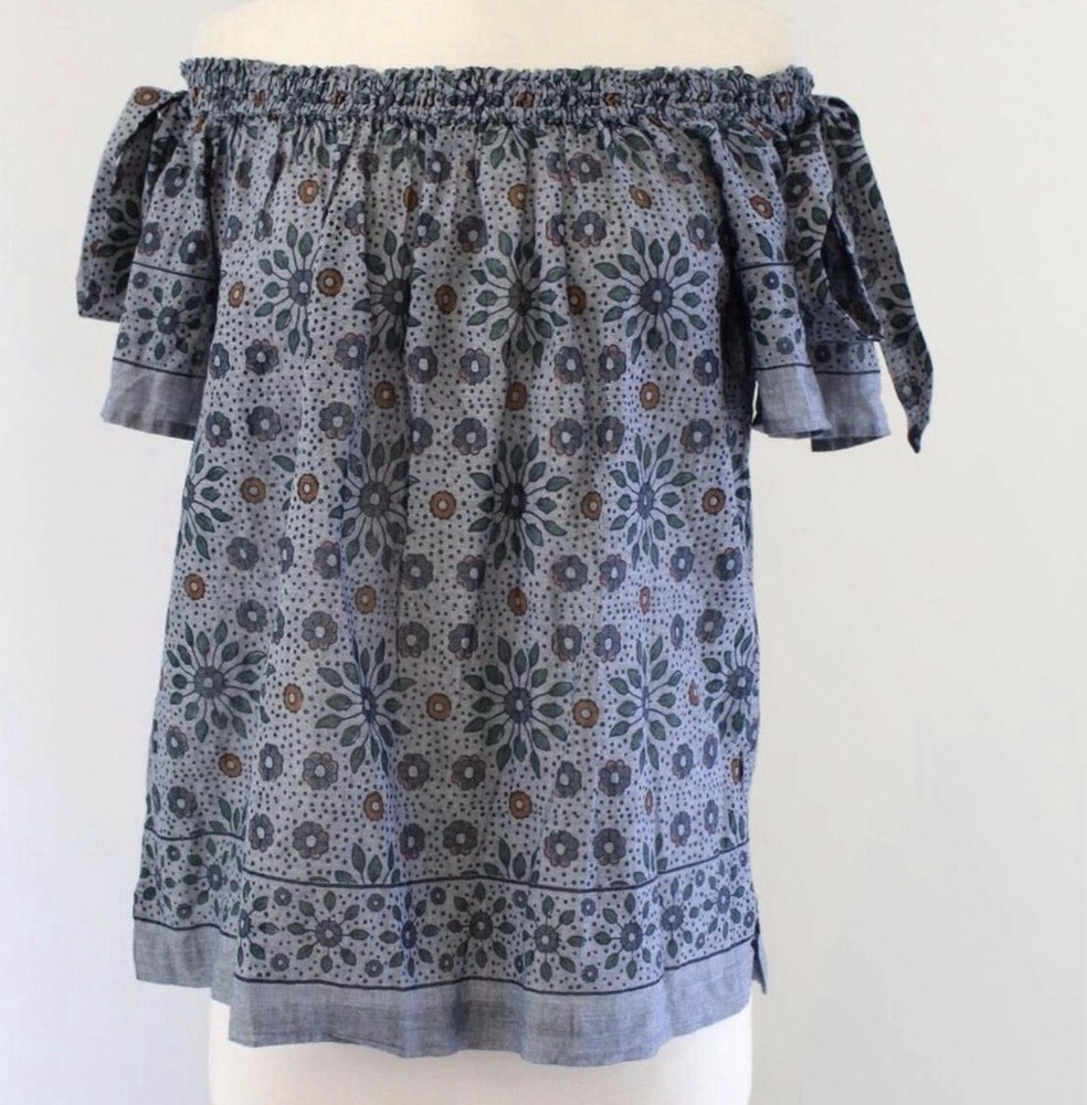 LOFT Ann Taylor Off Shoulder Floral Peasant Blouse Size M Blue Boho Cotton