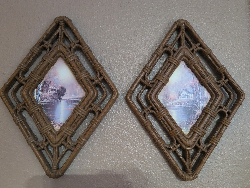Pair Of Vintage Mid Century HOMCO Cottage On Lake Diamond Faux Wicker Wall Decor