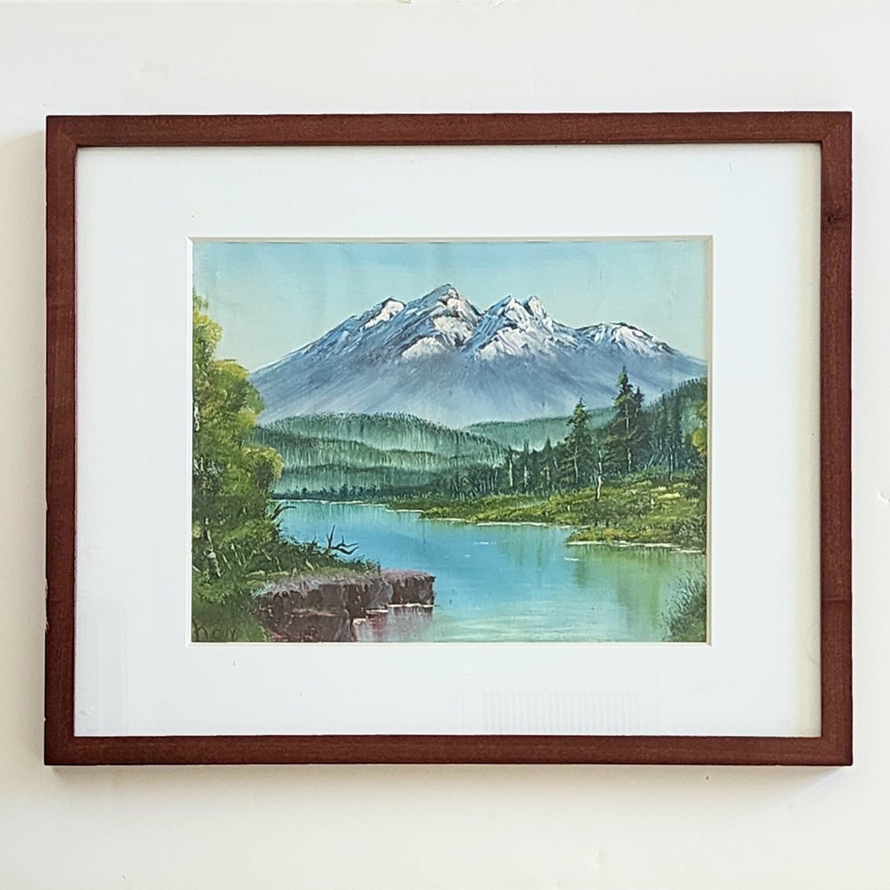 Original Painting Mountain Lake Landscape Signed Framed Bob Ross Style Art 21x17