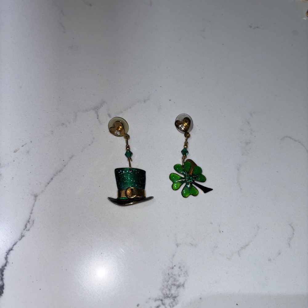 Lunch at the Ritz Enamel St Patricks Leprechaun Snack pierced Earrings Shamrock
