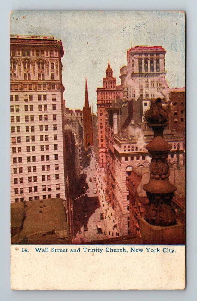 NY-New York City, Bird's Eye View Wall Street & Trinity Church Vintage Postcard