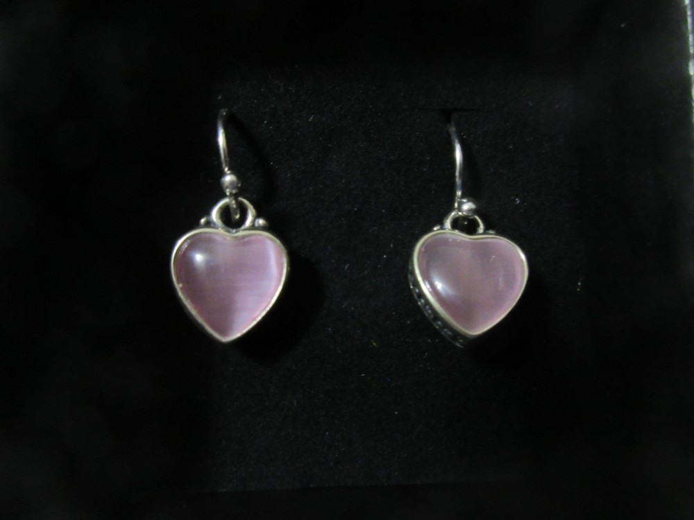 Sterling Silver PINK HEARTS FILIGREE FLOWER Dangles Pierced Earrings Hooks