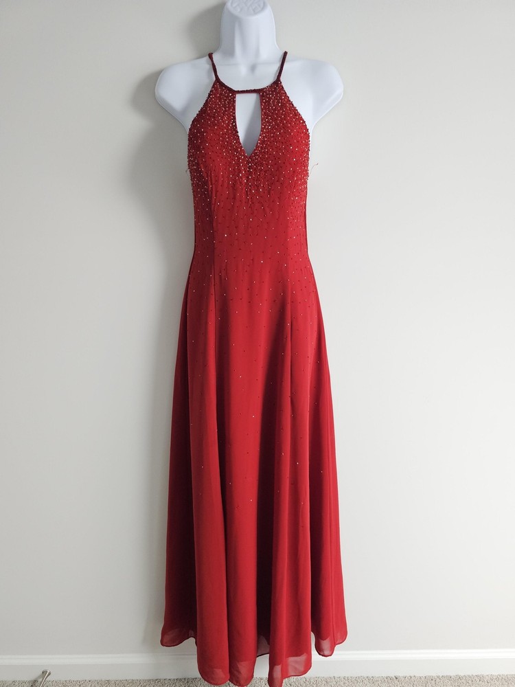 Vintage Chicas Dress Womens Medium Red Beaded Halter 90s Prom Gown Romantic Y2K