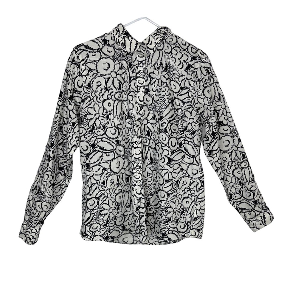 Lands' End button down up black white graphic women's size 14 abstract floral-image