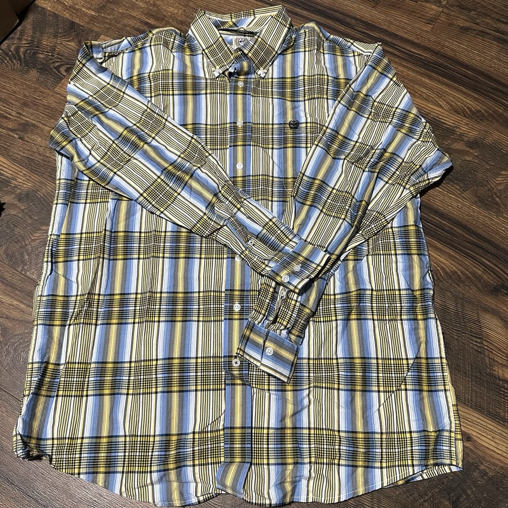 CINCH Shirt Men's XL Blue Yellow Print Long Sleeve Western Cowboy Button Down