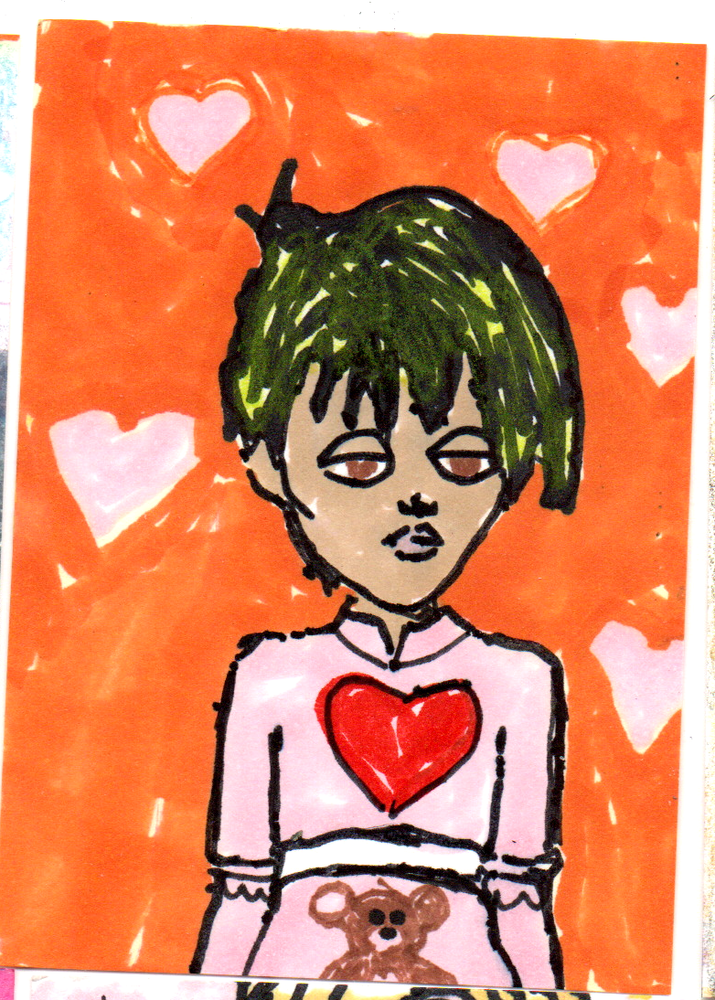 ACEO original miniature portrait Heart Girl with Teddy Bear outsider OOAK art